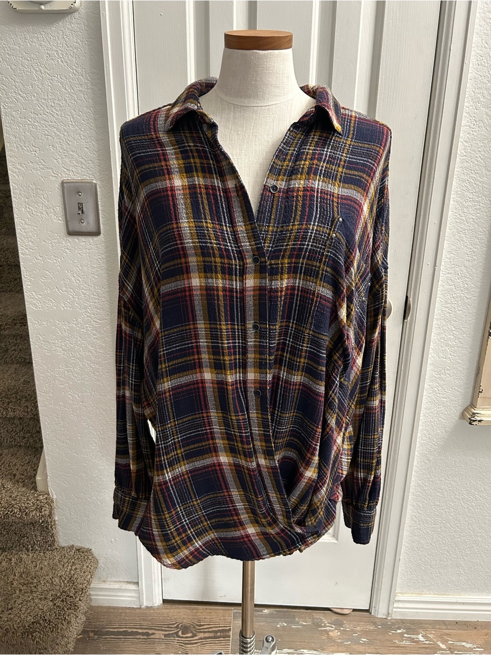 We The Free Plaid Button-Down Shirt in Navy, Mustard & Burgundy